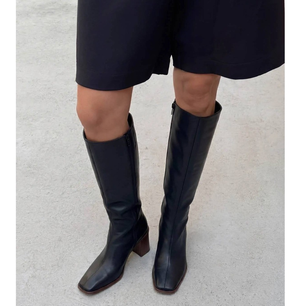 ALOHAS East Boots Knee High Black Leather Square Toe Block Heel Sz 42 / 11